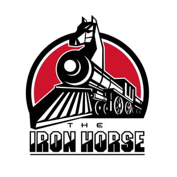 Retro style illustration of the Iron Horse showing head of horse on steam train locomotive with text set inside circle.