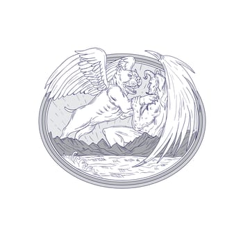 Drawing sketch style illustration of an American Bully Dog  with angel wing Fighting Demon with mountains and sea set inside oval shape on isolated background.