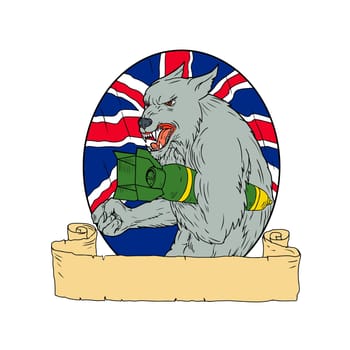 Drawing sketch style illustration of an angry British Grey Wolf Holding an iincendiary Bomb with Union Jack flag in background set inside circle.