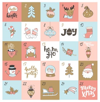 Christmas advent calendar with different christmas symbols. Vector illustration.