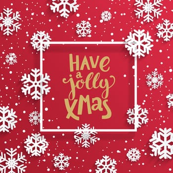 Happy jolly xmas card with lettering and snowflakes on red background. Vector illustration banner.