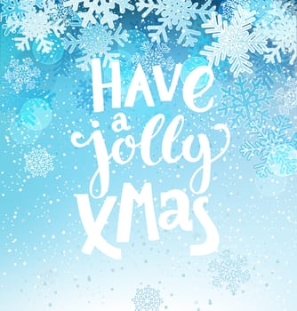 Jolly Christmas greeting card with lettering with nowflakes background. Vector illustration.