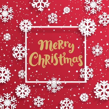 Merry Christmas card with snowflakes on red background. Vector illustration banner.