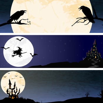 three banners with crows,a witch and a dark castle in front of full moon with scary illustrated elements for Halloween background layouts