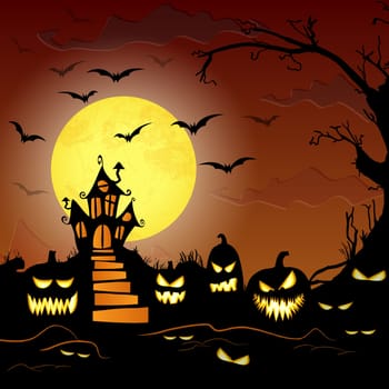 dark castle in front of full moon with scary illustrated elements for Halloween background layouts
