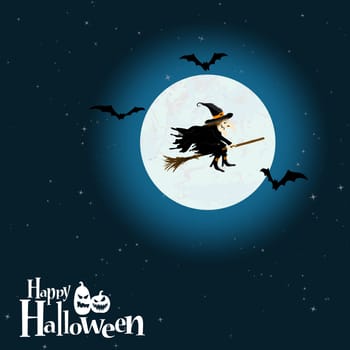 witch in front of full moon with scary illustrated elements for Halloween background layouts