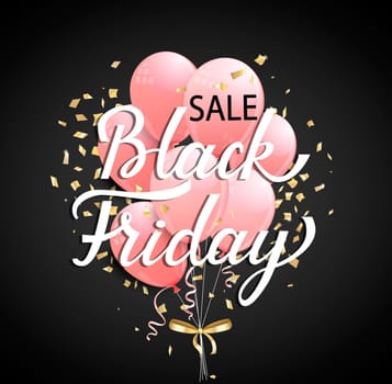 Black Friday Sale banner with pink ballons and golden spangles on black background for your design. Vector illustration.