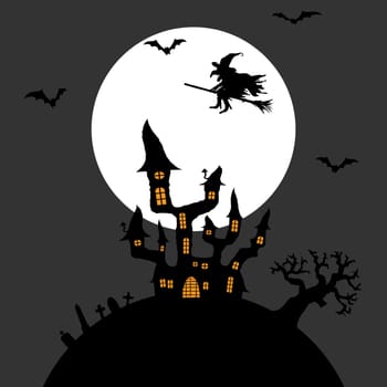 dark castle and witch in front of full moon with scary illustrated elements for Halloween background layouts
