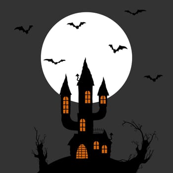 dark castle in front of full moon with scary illustrated elements for Halloween background layouts