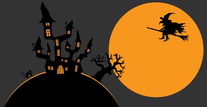 dark castle and witch in front of full moon with scary illustrated elements for Halloween background layouts