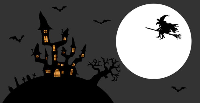 dark castle and witch in front of full moon with scary illustrated elements for Halloween background layouts