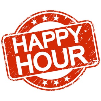 red round stamp with scratches and text happy hour