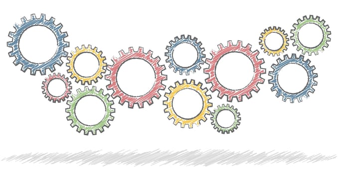 colored scribble gear wheels for cooperation or teamwork symbolism