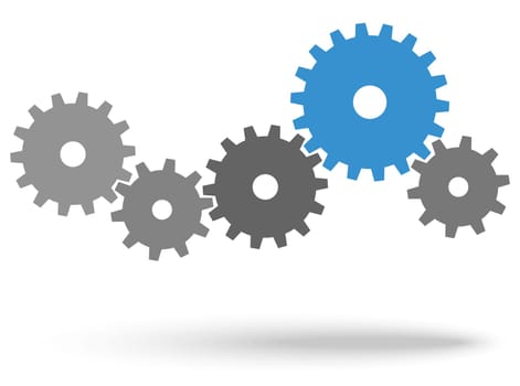 gray gears for cooperation or teamwork symbolism with blue leader