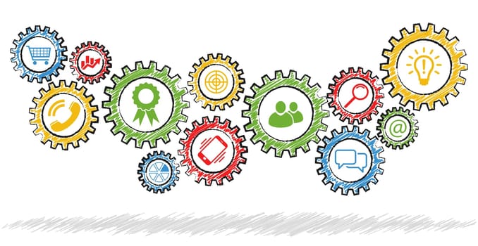 colored scribble gear wheels with different business icons symbolizing team work