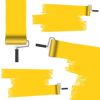 isolated on white background paint roller with painted markings colored yellow