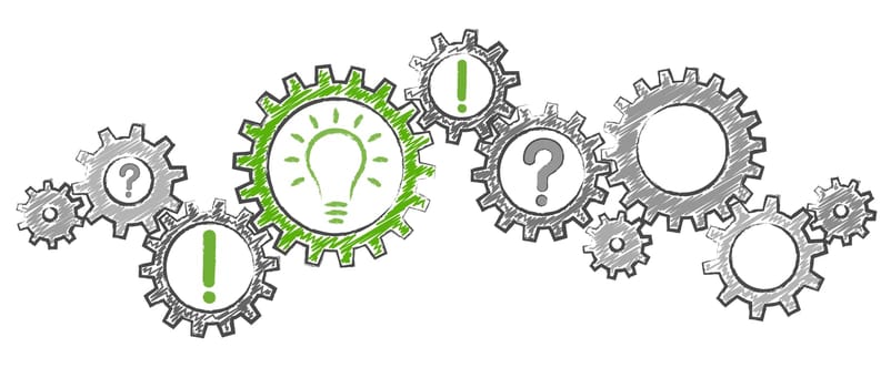 gray scribble gear wheels with green light bulb symbolizing idea or solution