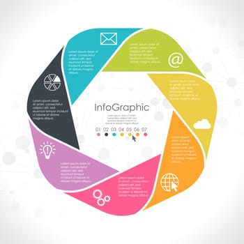 colored template of business info graphic with different options showing team work process