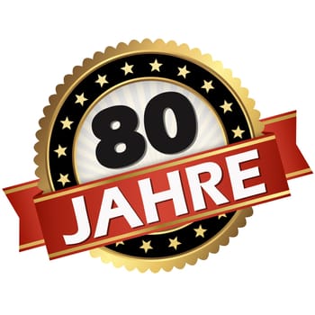 round jubilee button with red banner and german text 80 years