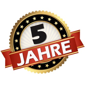 round jubilee button with red banner and german text 5 years