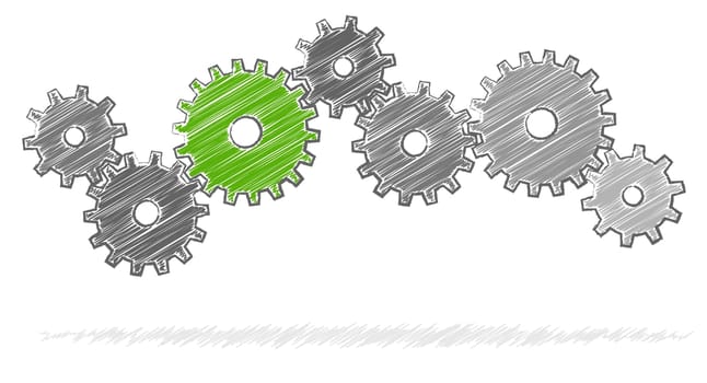 gray scribble gears for cooperation or teamwork symbolism with green leader