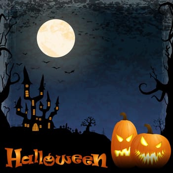 dark castle in front of full moon with scary illustrated elements for Halloween background layouts
