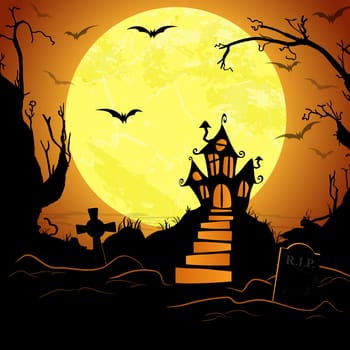 dark castle in front of full moon with scary illustrated elements for Halloween background layouts