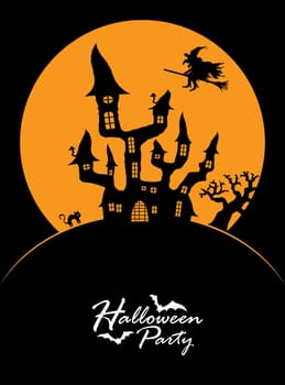 dark castle and witch in front of full moon with scary illustrated elements for Halloween background layouts