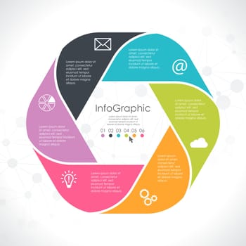 colored template of business info graphic with different options showing team work process