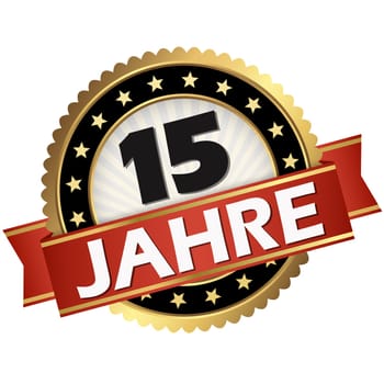 round jubilee button with red banner and german text 15 years