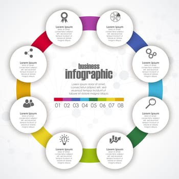 colored template of business info graphic with different options showing team work process