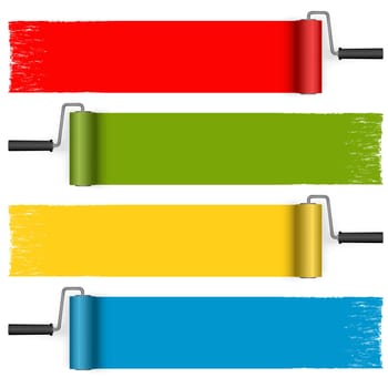collection of paint rollers with painted markings in different colors