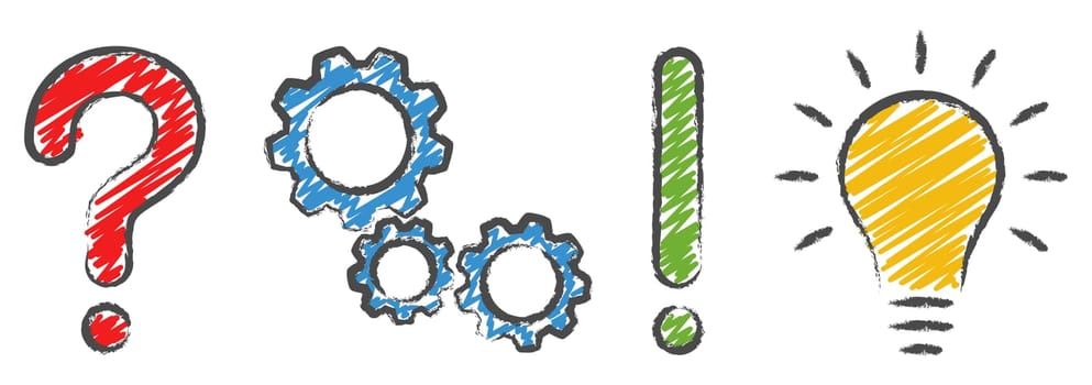 question mark,gear wheels,exclamation mark and light bulb concept icons symbolizing questioning,analysis,planning and idea