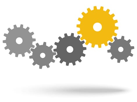 gray gears for cooperation or teamwork symbolism with yellow leader