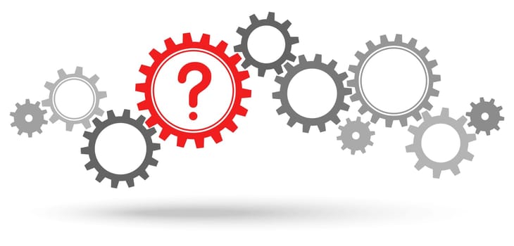 gray gear wheels with red question mark symbolizing questioning or a problem