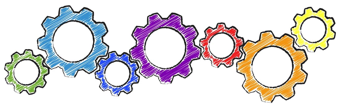 colored scribble gear wheels for cooperation or teamwork symbolism