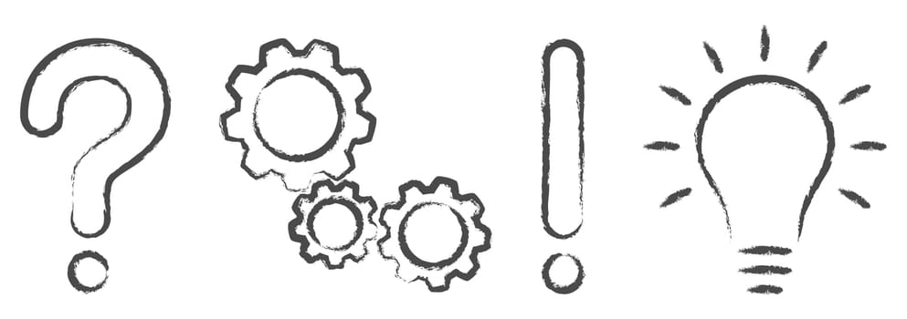 question mark,gear wheels,exclamation mark and light bulb concept icons symbolizing questioning,analysis,planning and idea