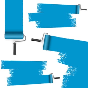 isolated on white background paint roller with painted markings colored blue