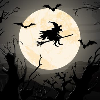 witch in front of full moon with scary illustrated elements for Halloween background layouts