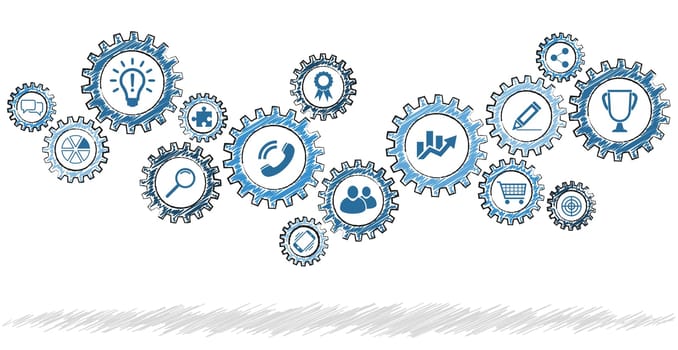 blue scribble gear wheels with different business icons symbolizing team work