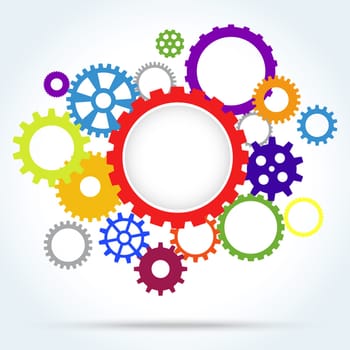 colored gear wheels with big gear in middle for cooperation or teamwork symbolism