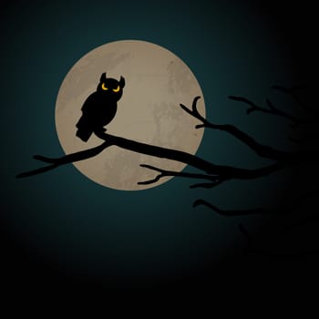 owl in front of full moon with scary illustrated elements for Halloween background layouts
