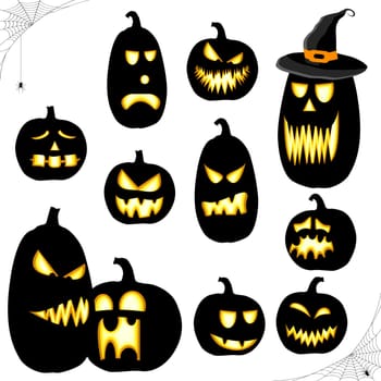 collection of different black colored illustrated pumpkins for Halloween layouts