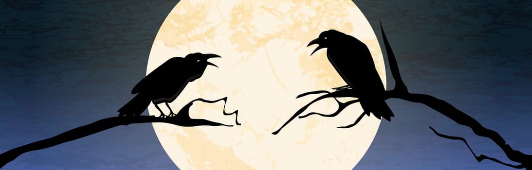 illustrated crows in front of full moon sitting on branchs for Halloween background layouts