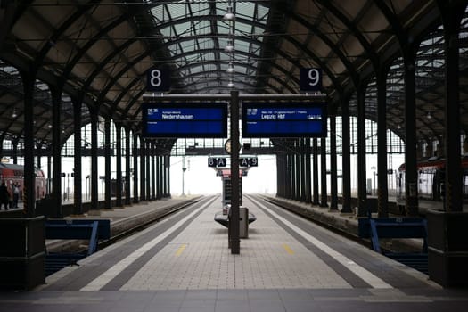 Wiesbaden,Germany - October 15,2017: The interior shot of Wiesbaden Central Station with platforms and fog in the background on October 15,2017 in Frankfurt.