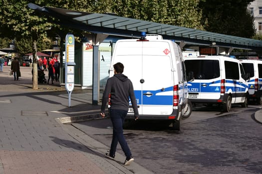 Mainz,Germany - October 03,2017: Police patrol car at a bus stop on the Day of German Unity on October 3,2017 in Mainz.