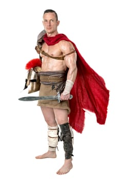 Ancient warrior or Gladiator posing over a white background