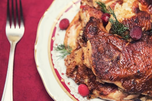 Roasted chicken with vegetables. Thanksgiving or christmas theme.
