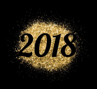 2018 of gold glitter on black background, symbol of New Year for your greeting card design.