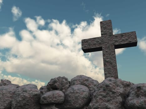 Christian cross made of stone in front of a cloud sky - 3d illustration